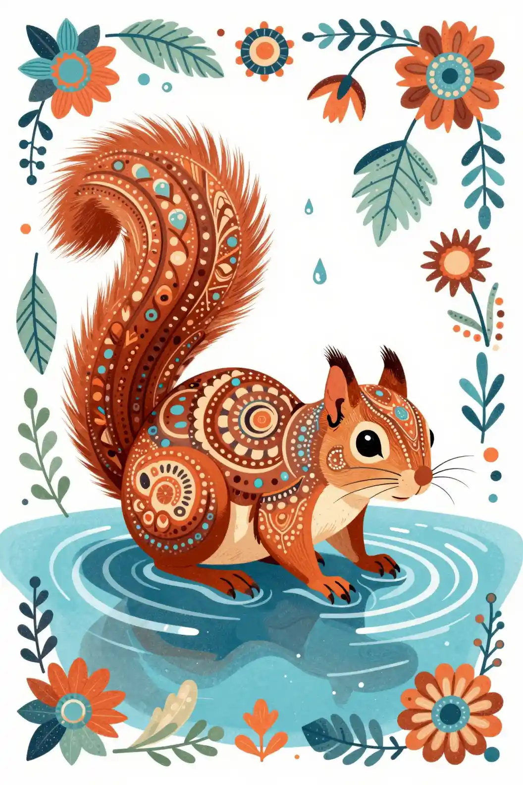 Ornate folk art squirrel with mandala patterns in turquoise water