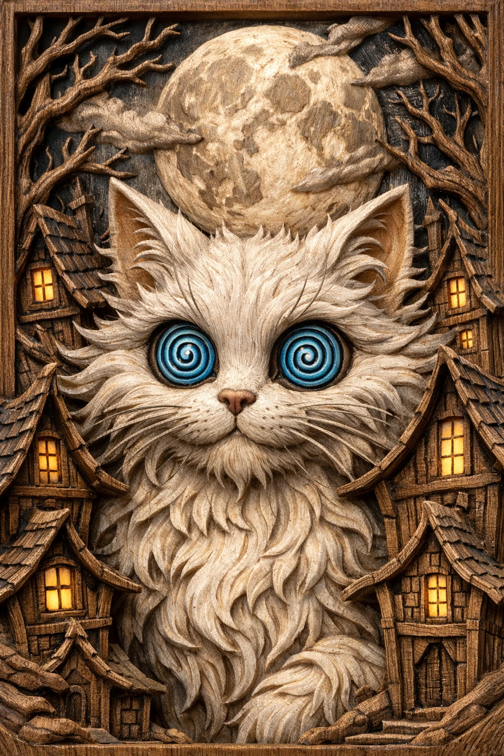Whimsical gothic white cat in a twisted moonlit village