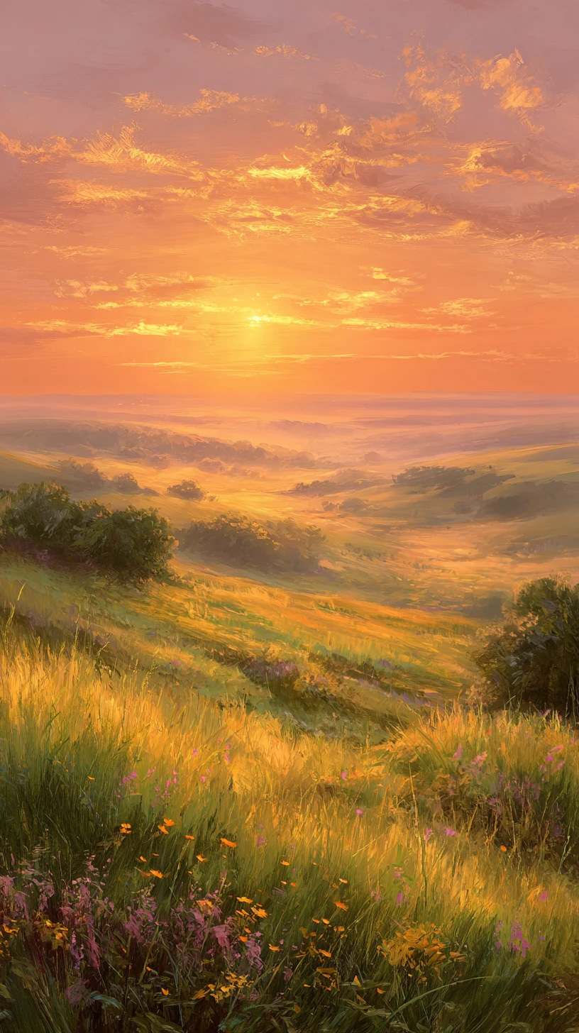 Golden sunrise over a lush hillside valley landscape