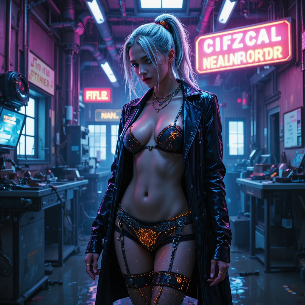 Infermiera fuorilegge cyberpunk in clinica industriale intrisa di neon