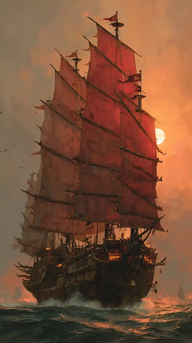 Colossal fantasy warship battles violent seas at sunset