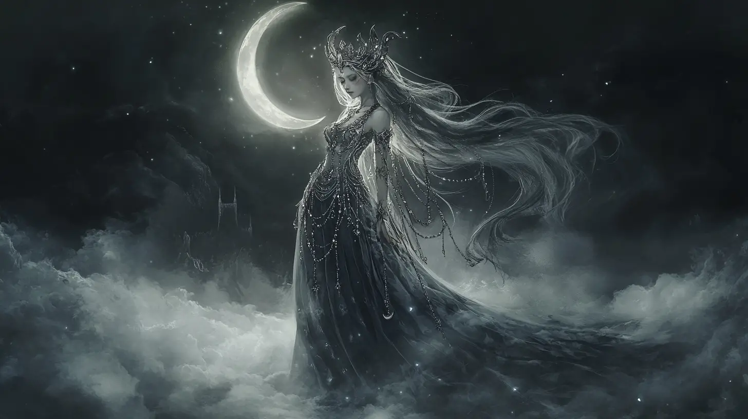 Celestial gothic queen before a moonlit mystical card