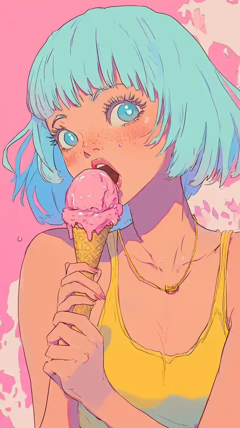Playful anime girl eating melting ice cream cone
