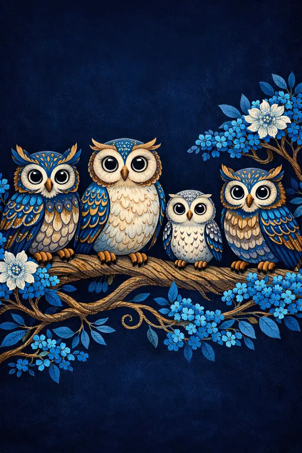 Four patterned owls on a floral branch at night