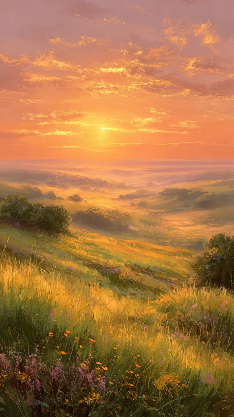 Golden sunrise over a lush hillside valley landscape