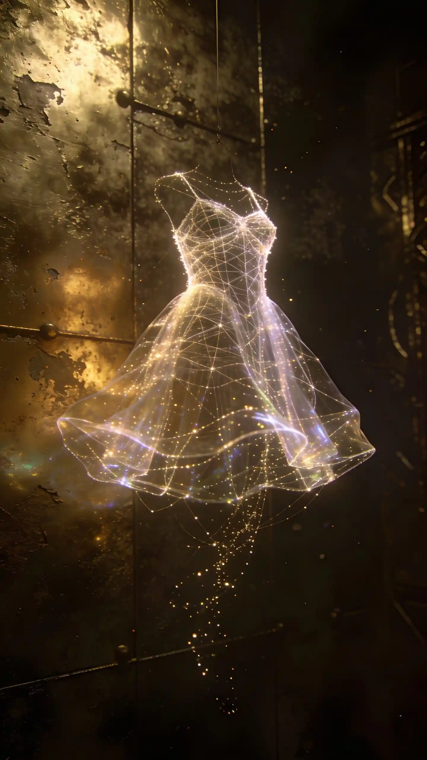 Holographic dress of light particles floating against brass backdrop