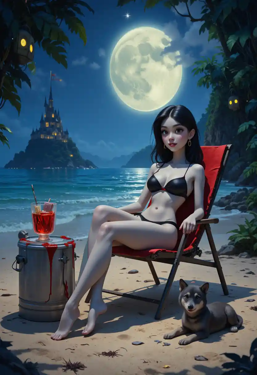 Vampire woman relaxing on a moonlit beach chair