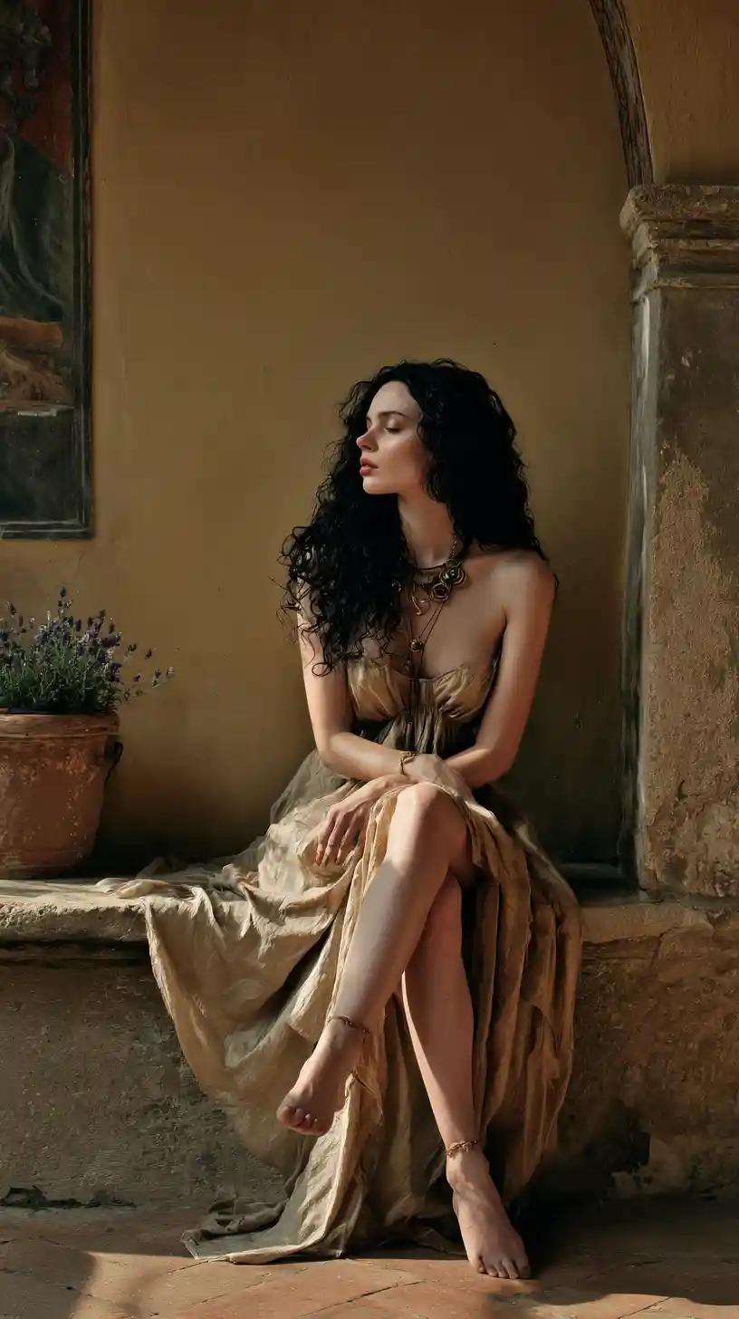 Roman woman on stone bench in sunlit Tuscan courtyard