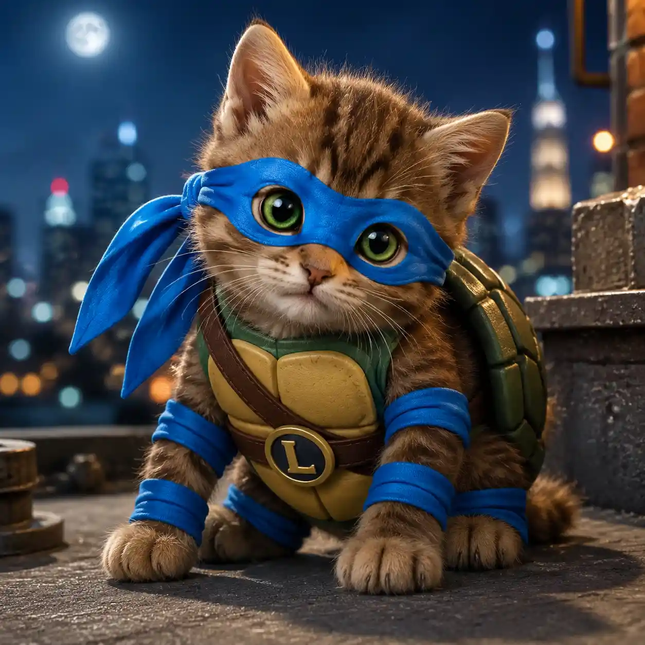 Cute brown kitten in blue masked turtle costume