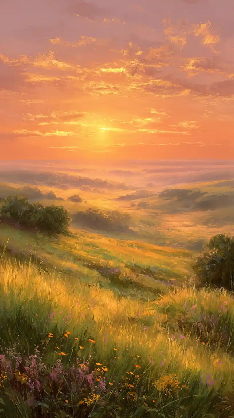 Golden sunrise over a lush hillside valley landscape