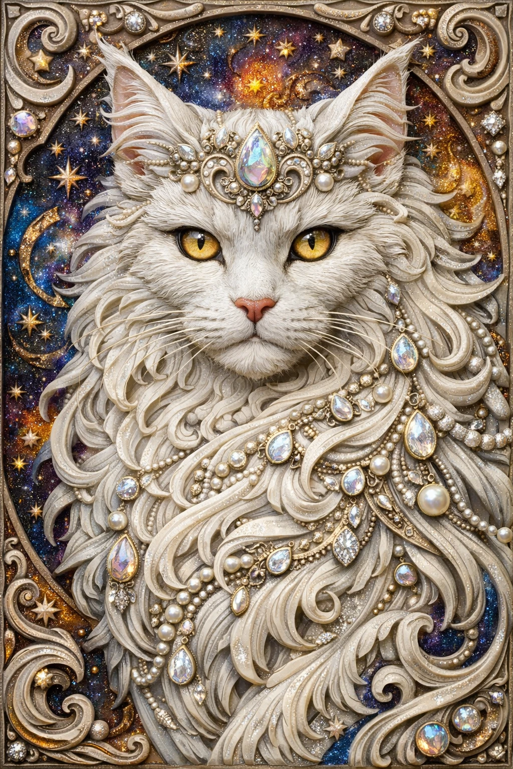 White 3D maine coon relief with cosmic jeweled details