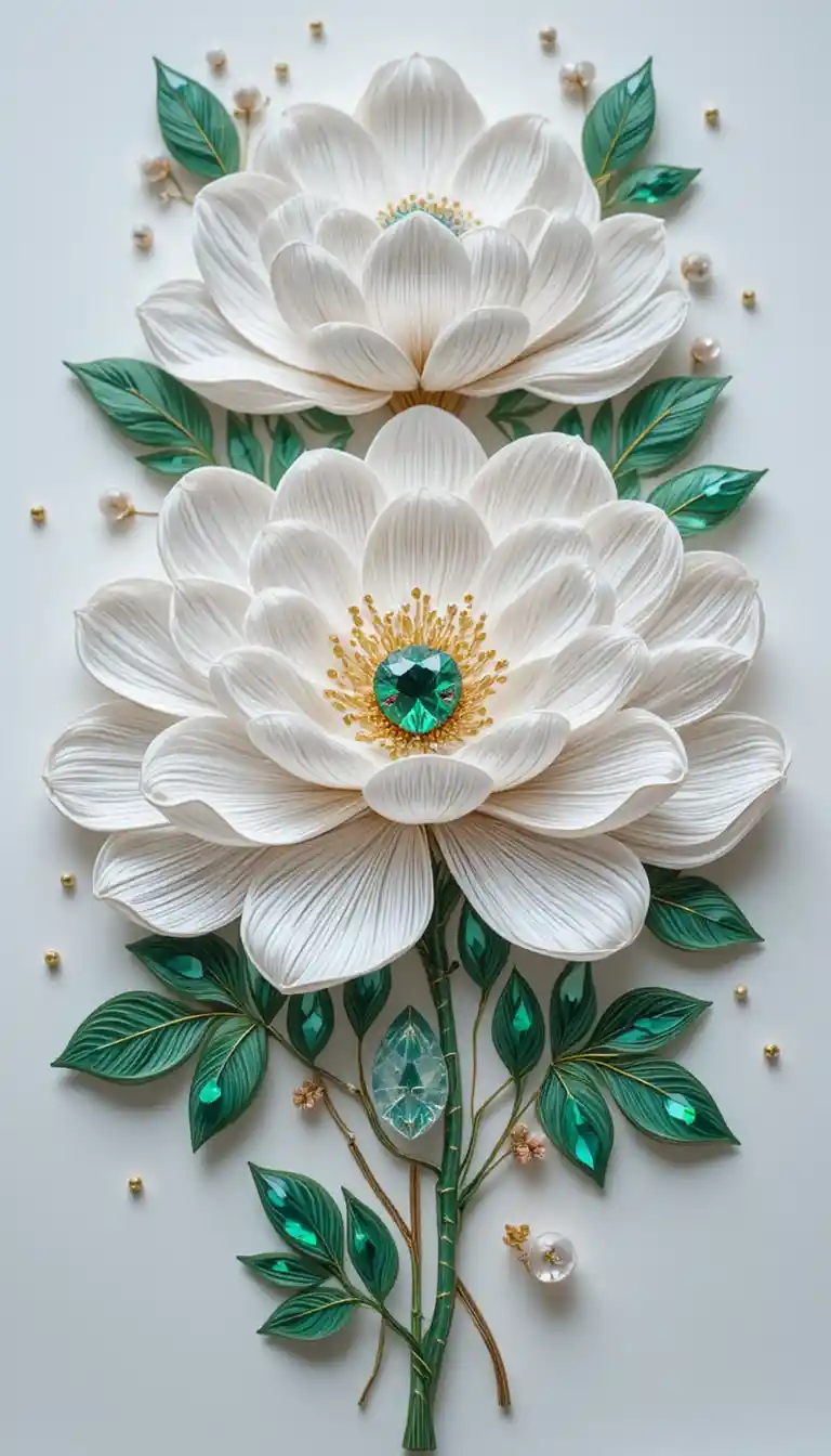 Paper quilling peonies with crystal accents on white background