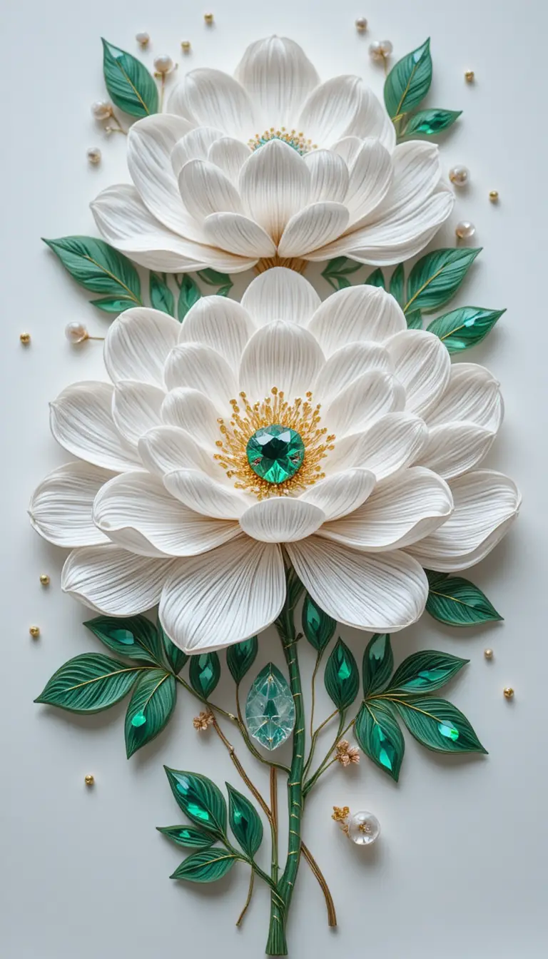 Peonie in quilling di carta con dettagli di cristallo su sfondo bianco