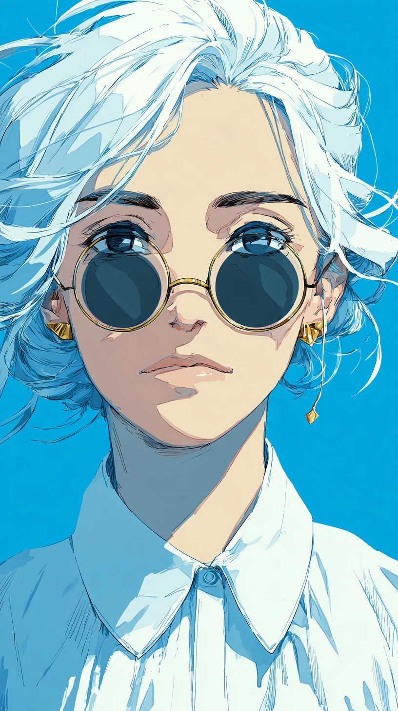 Anime girl with white hair and round sunglasses portrait