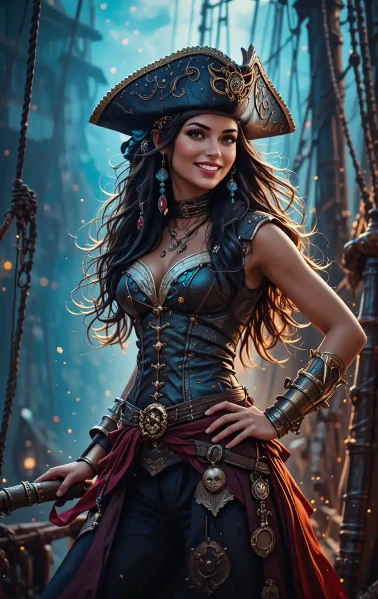 Smiling woman pirate posing confidently on her ship deck