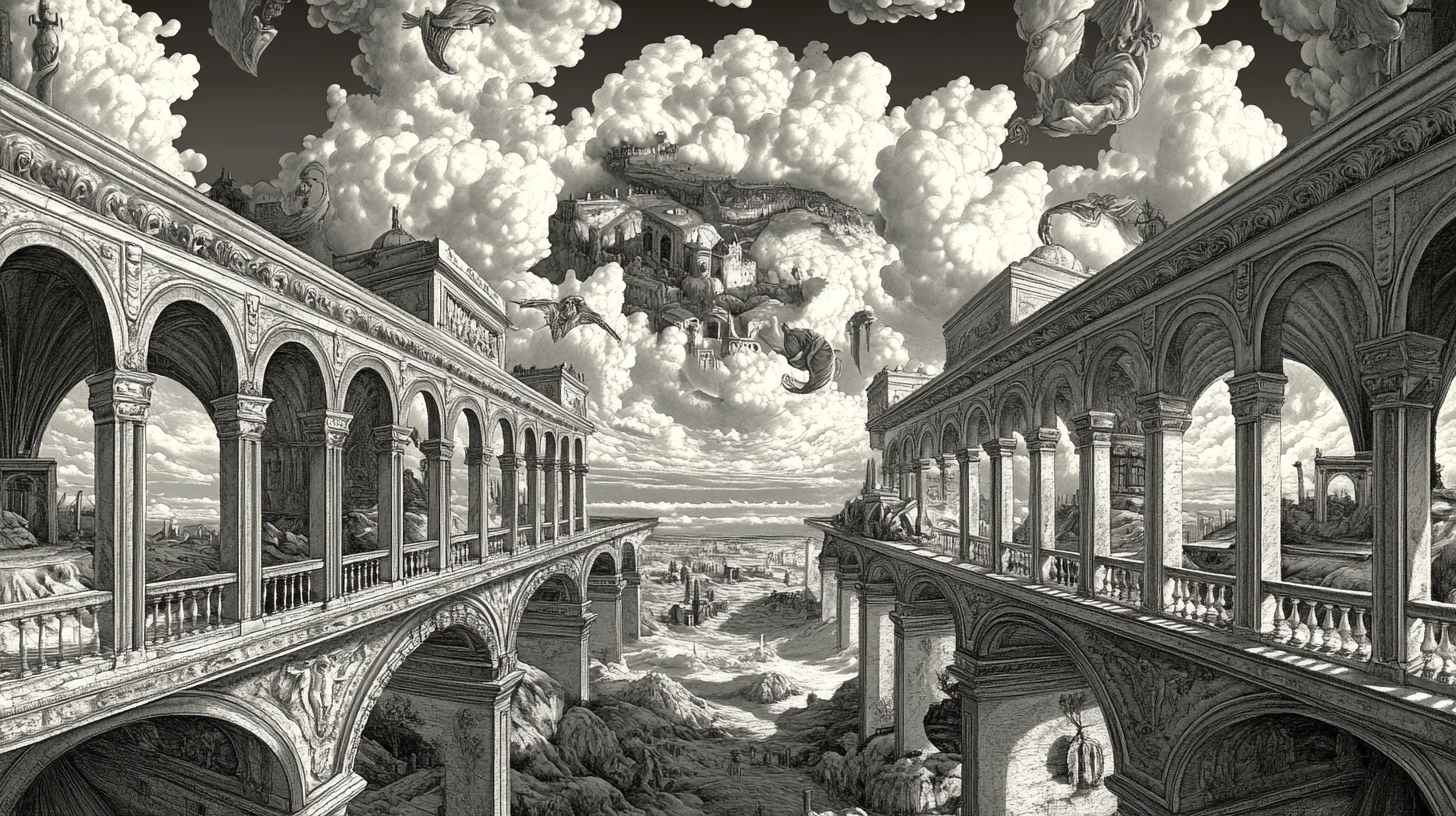 Paesaggio onirico surreale di illusioni ottiche con immagini paradossali a strati