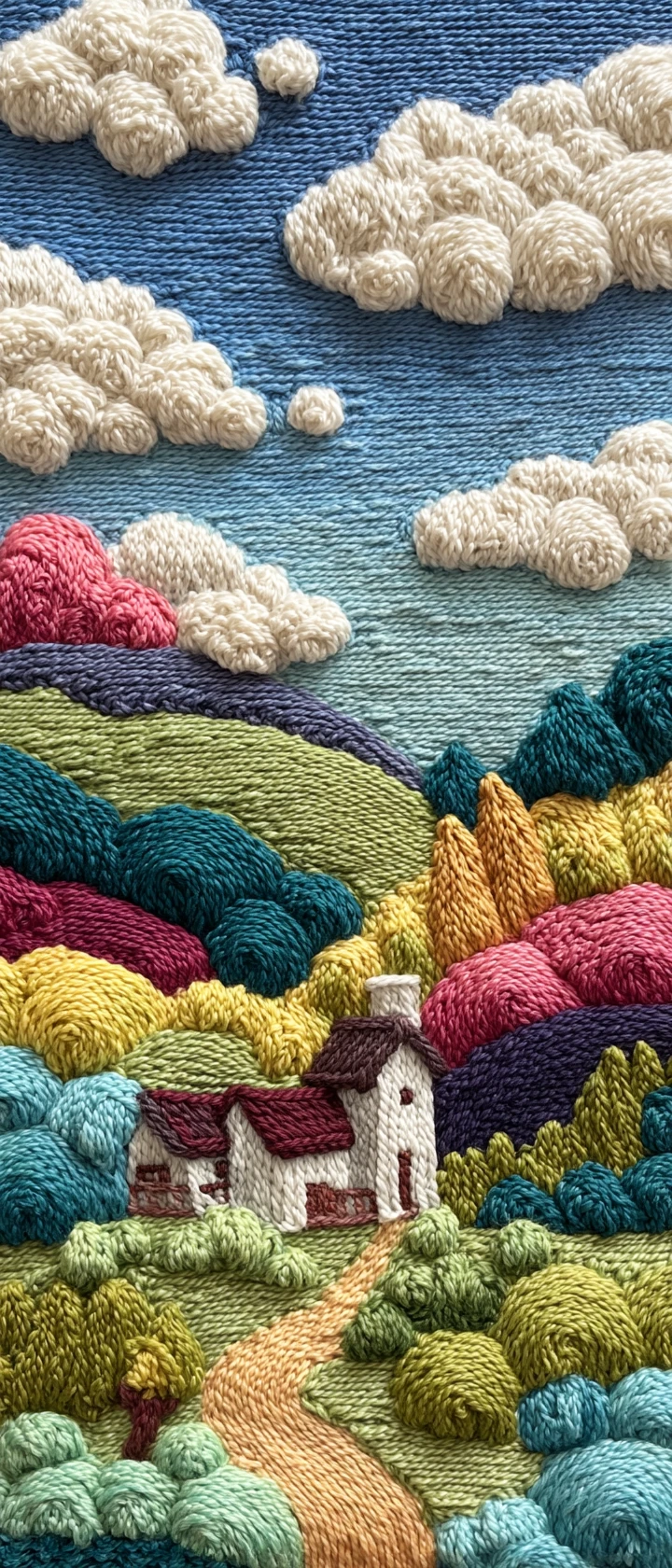 Acogedora casita en la ladera en arte de ganchillo con suaves hilos pastel