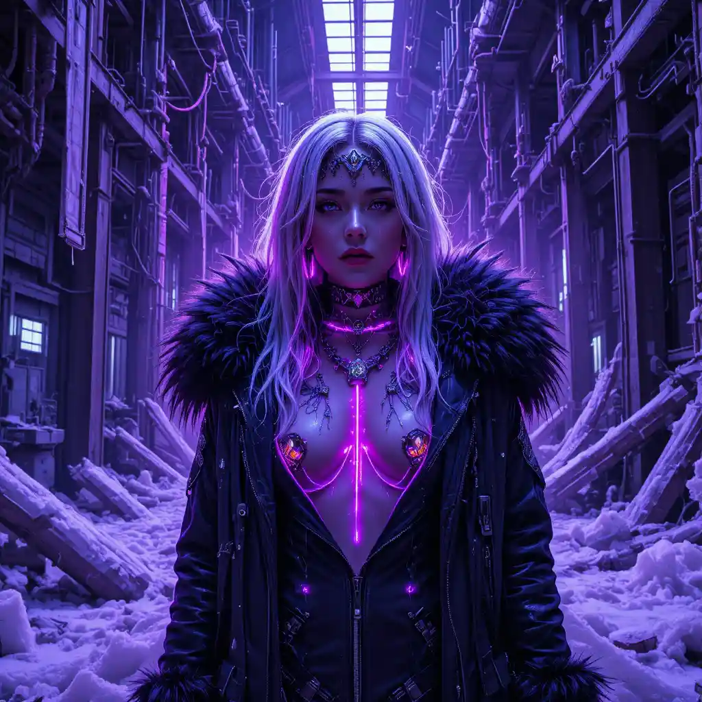 Surreal woman in frozen industrial cathedral with neon chains