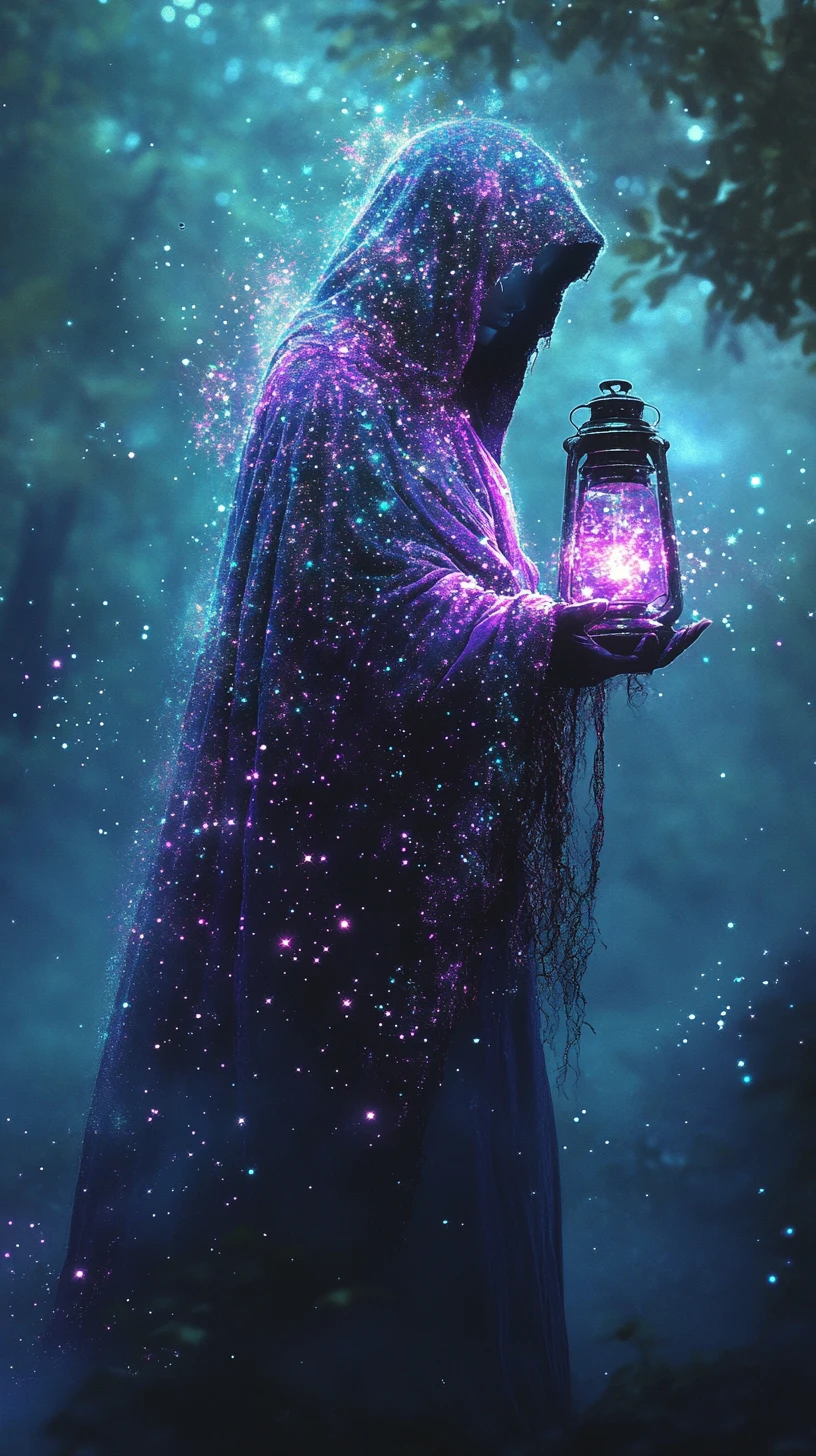 Hooded spirit with lantern above a foggy moonlit forest