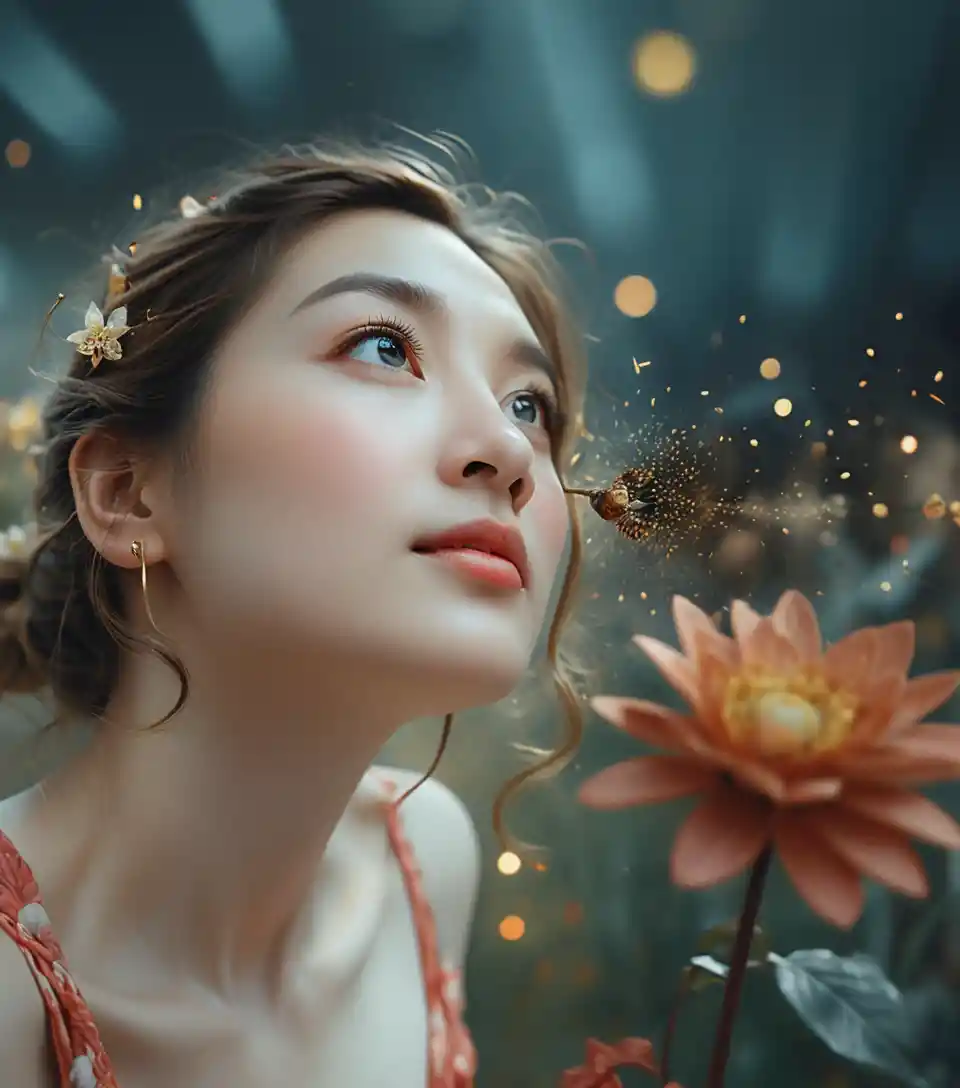 Woman admiring a flower by a veranda in cinematic light