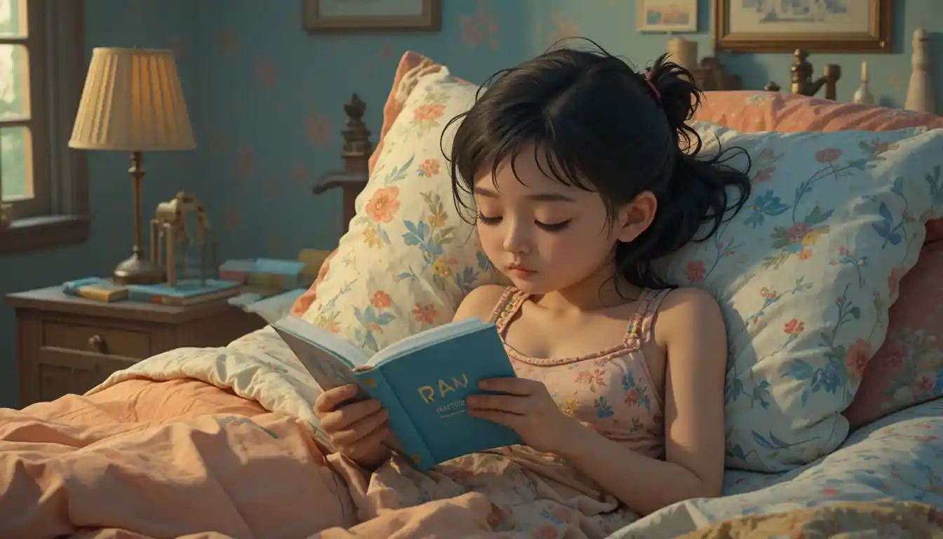 Childlike illustration of a fearful night scene in bed
