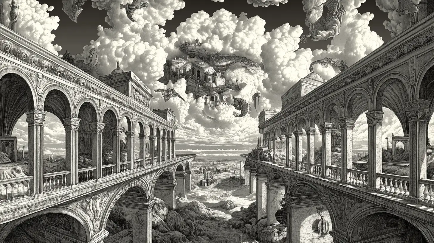 Surreal optical illusion dreamscape with layered paradoxical imagery