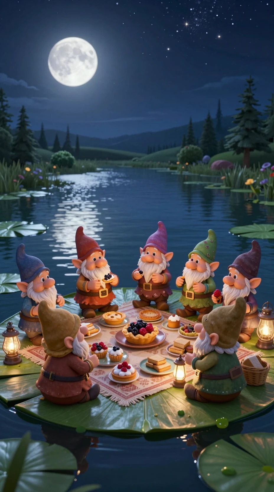 Joyful gnomes sharing a picnic on a moonlit lily pad