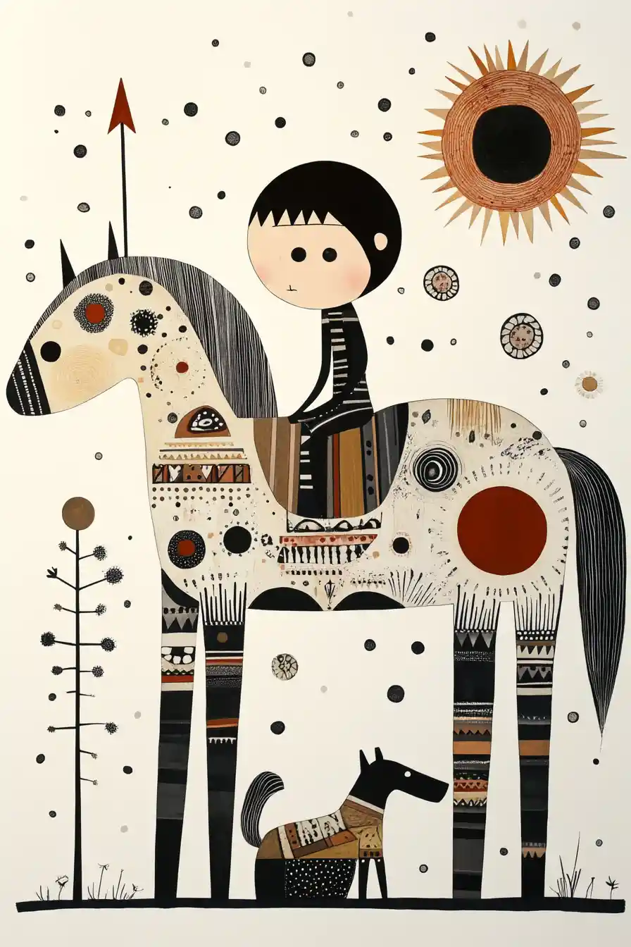 Folk art child riding patterned horse with small dog