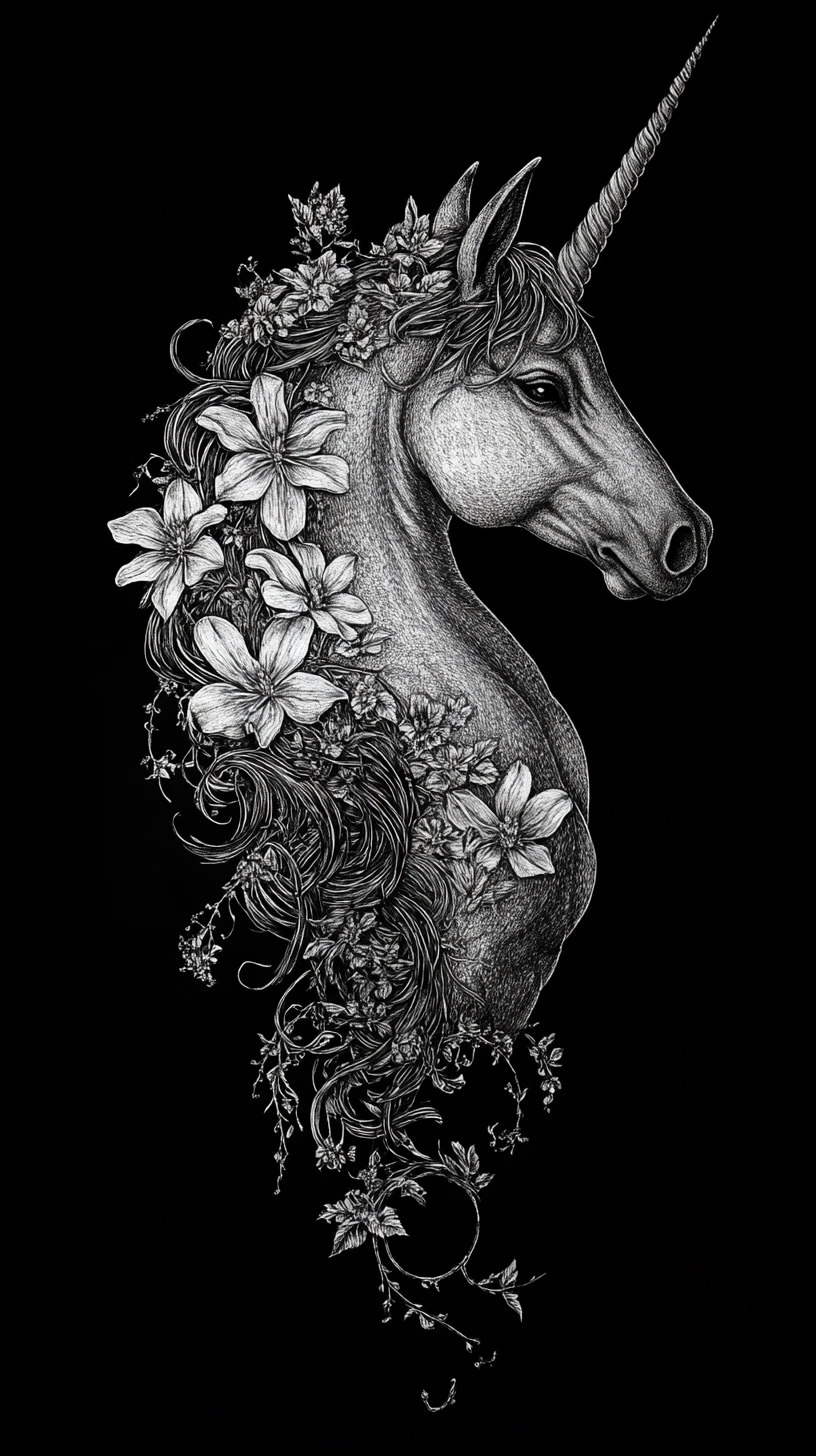 Gothic unicorn profile in floral etched line art