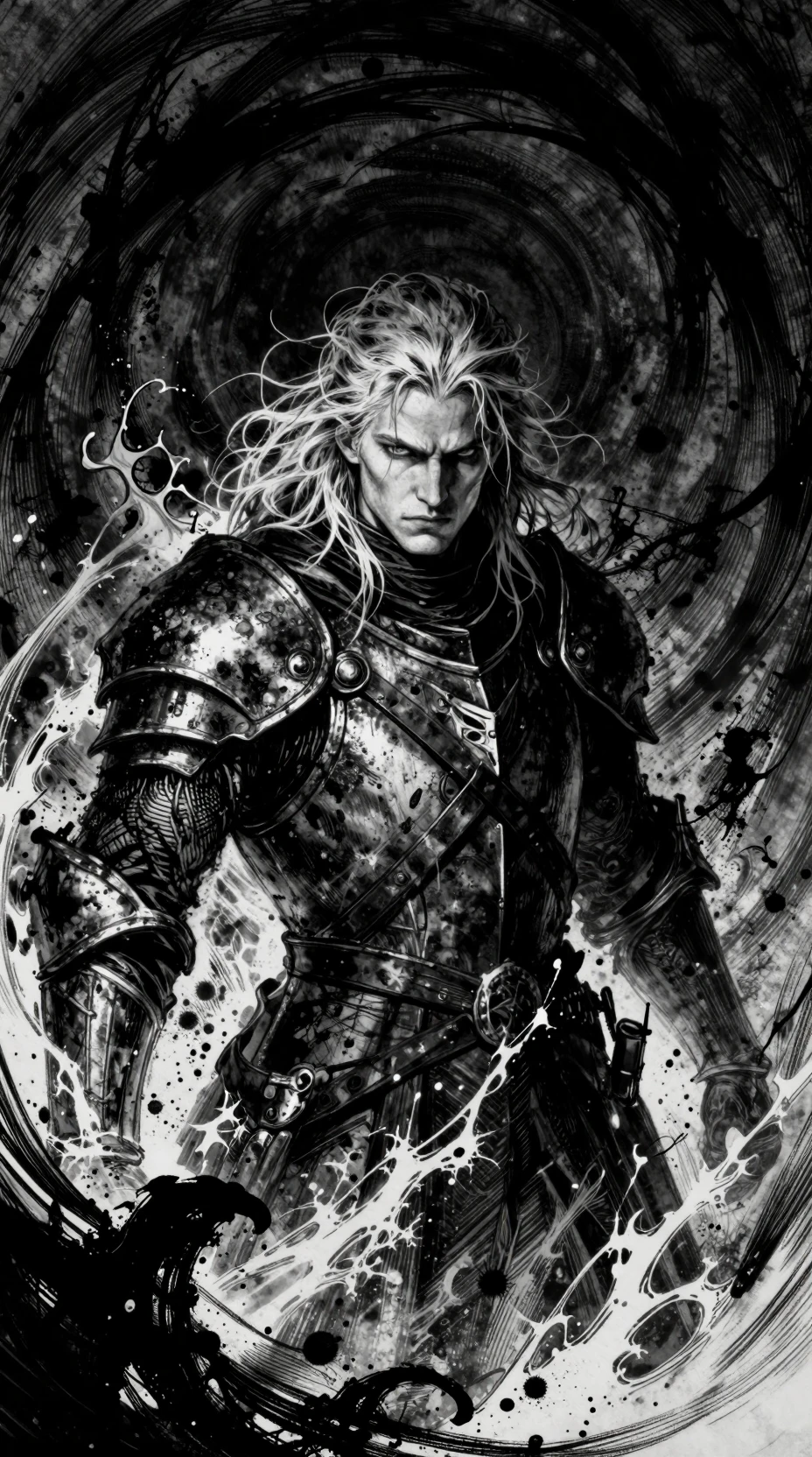 Stoic knight in swirling shadow and dark water vortex