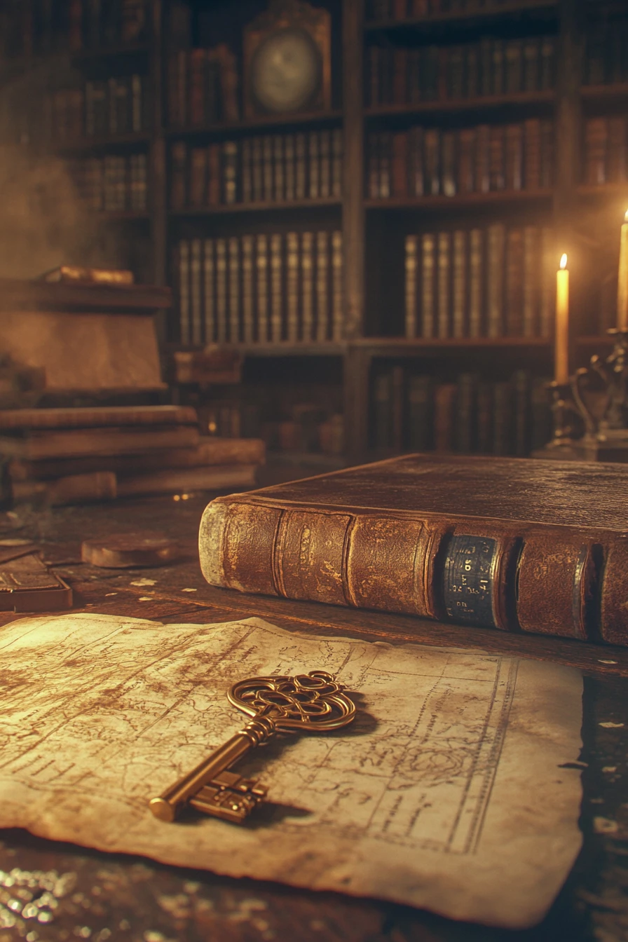 Golden skeleton key in candlelit ancient library scene