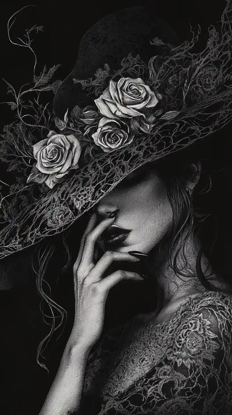 Elegant sorceress in profile with lace veil and roses