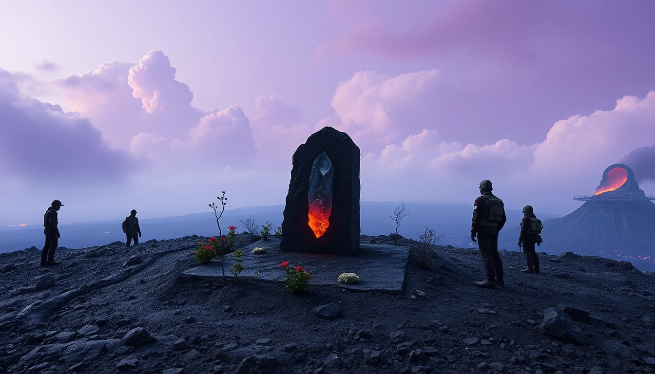 Funeral memorial stone on a distant alien volcanic plateau