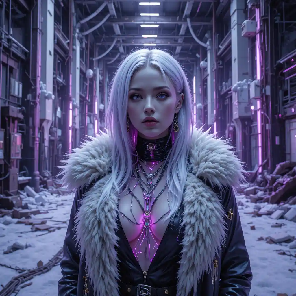 Surreal cyberpunk woman in a frozen industrial cathedral