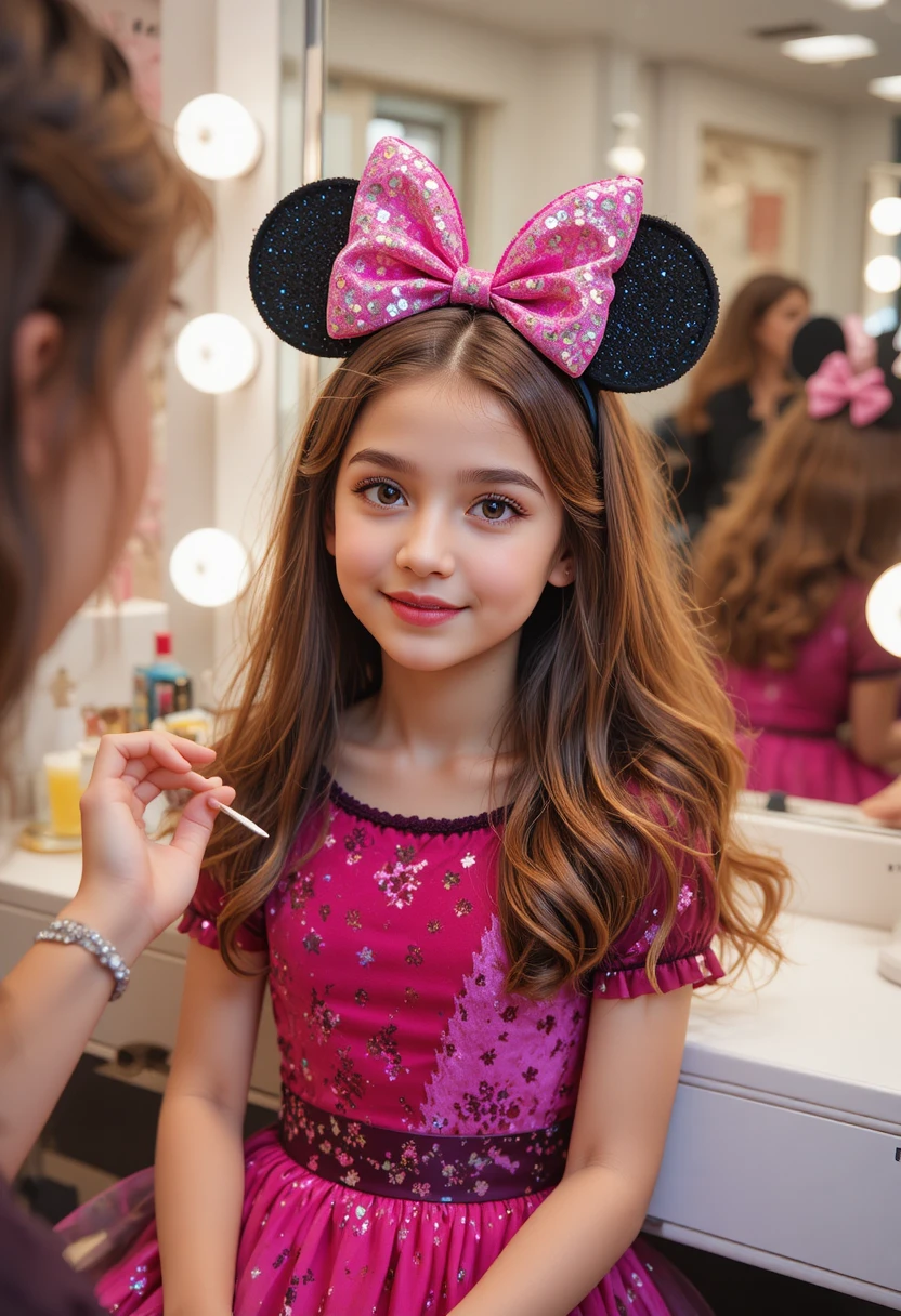Young boy in pink dress at boutique vanity mirror