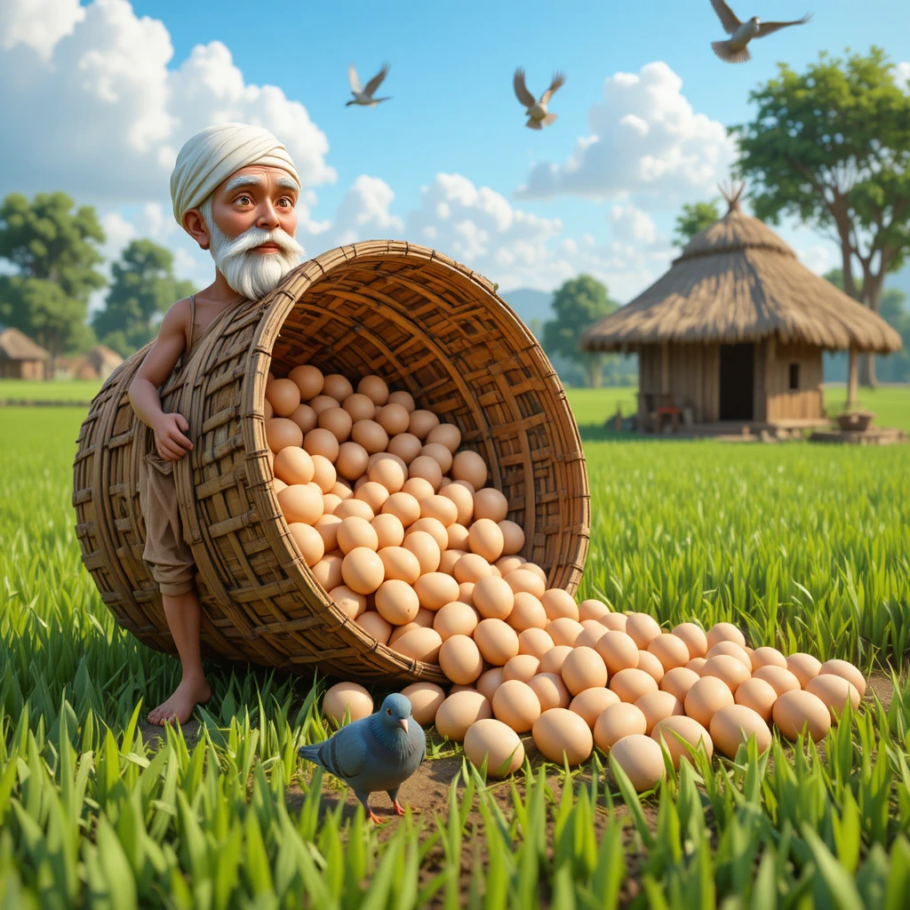 Old farmer in 3d style standing in a green rice field