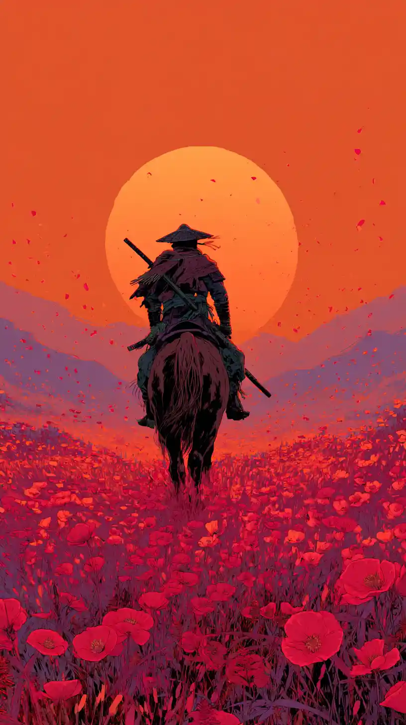 Lone samurai riding through crimson poppy field at sunset