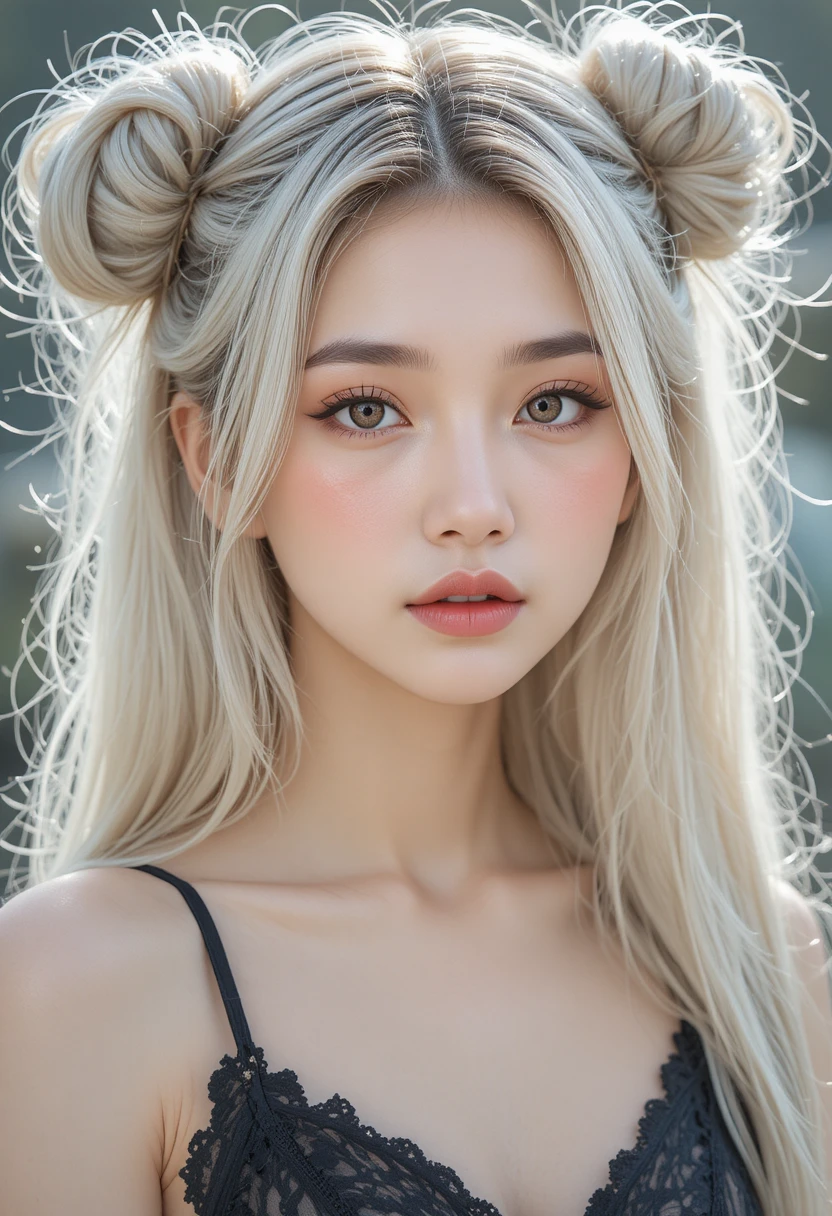 Beautiful girl with light white hair buns in Tokyo