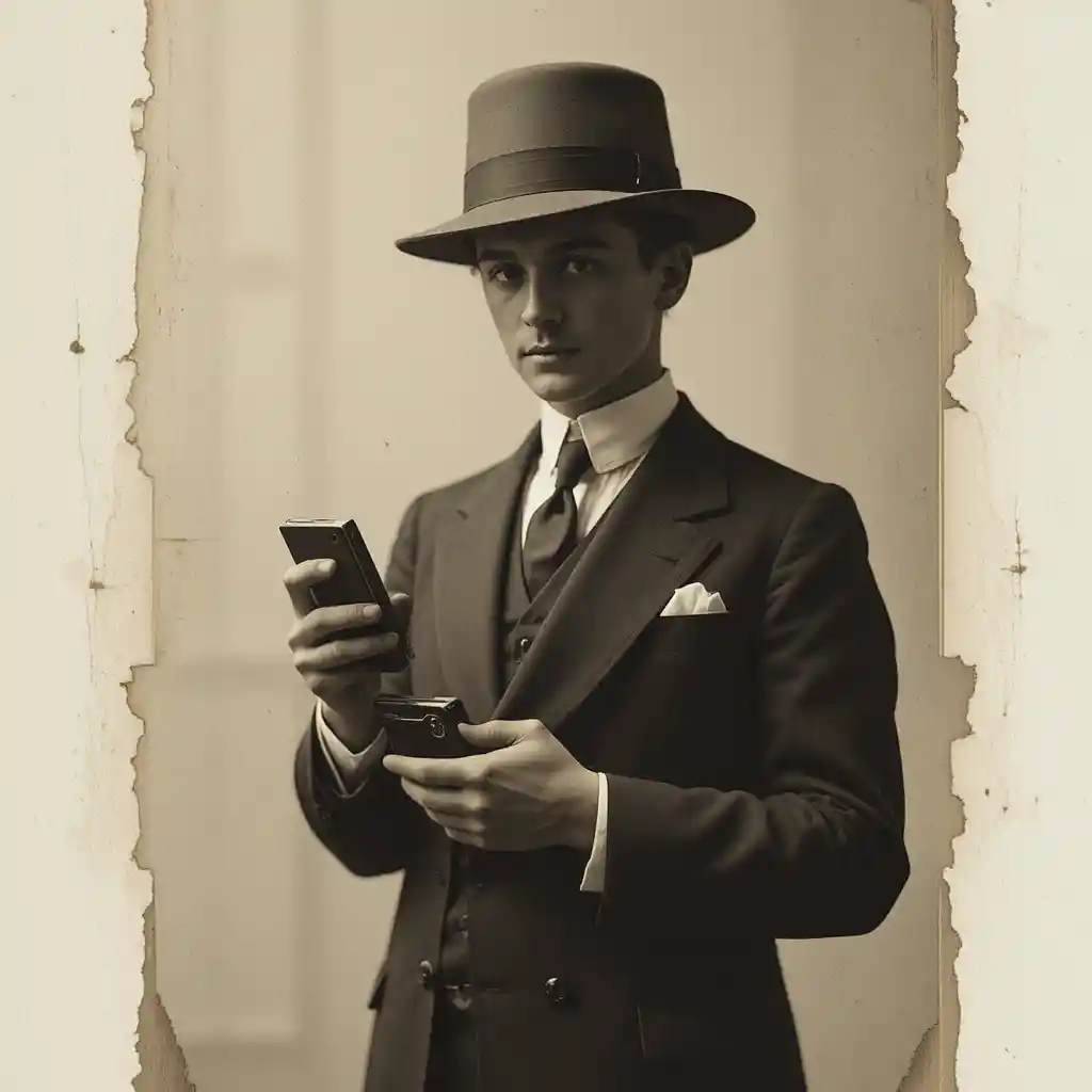 Scena di strada vintage anni ’20 con un dispositivo moderno a contrasto