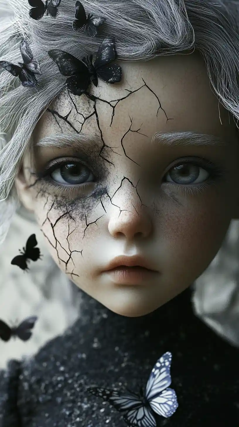 Cracked porcelain doll girl with sad glassy eyes and butterflies