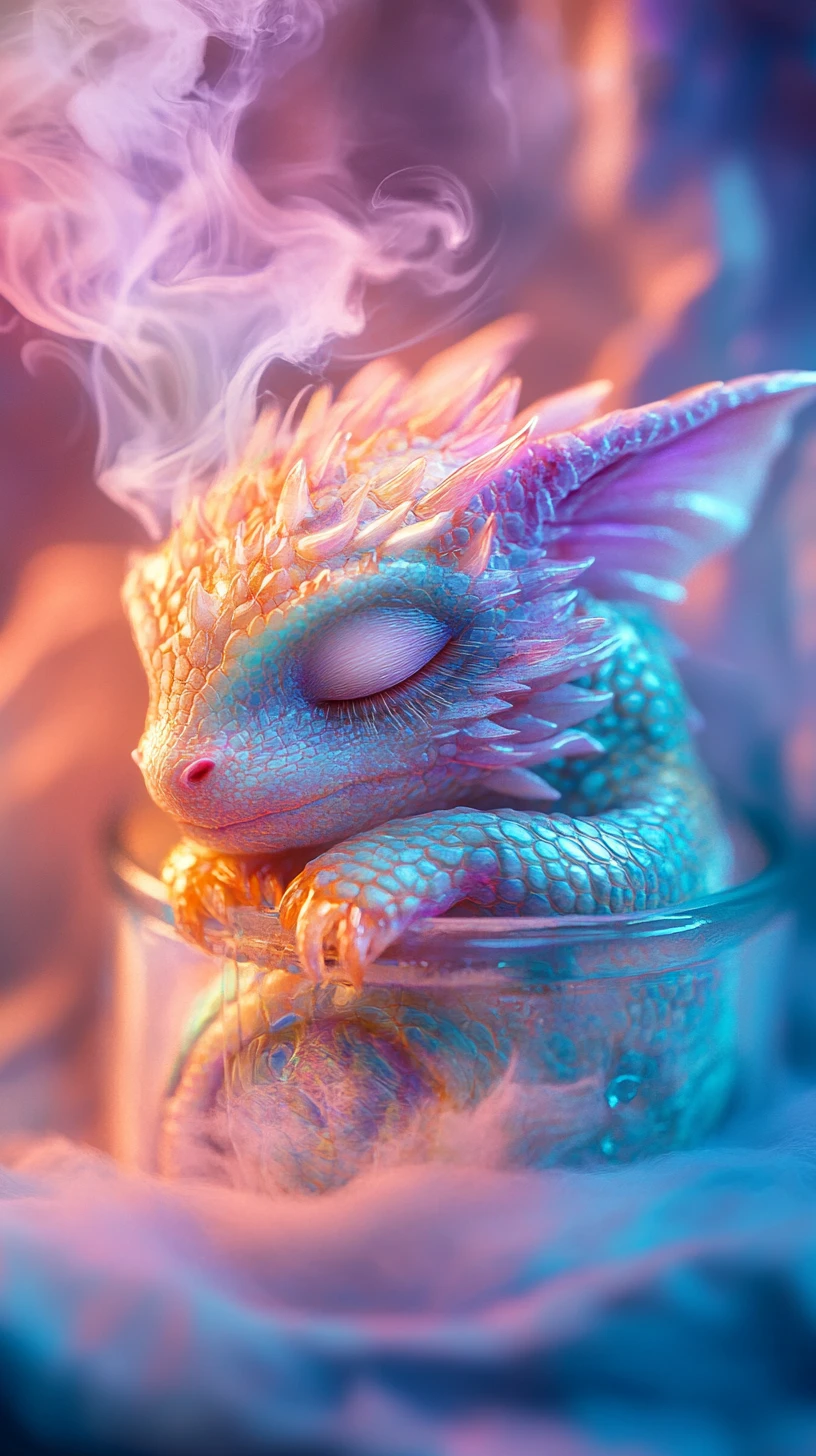 Pequeño dragón bebé durmiendo dentro de un frasco de vidrio brillante