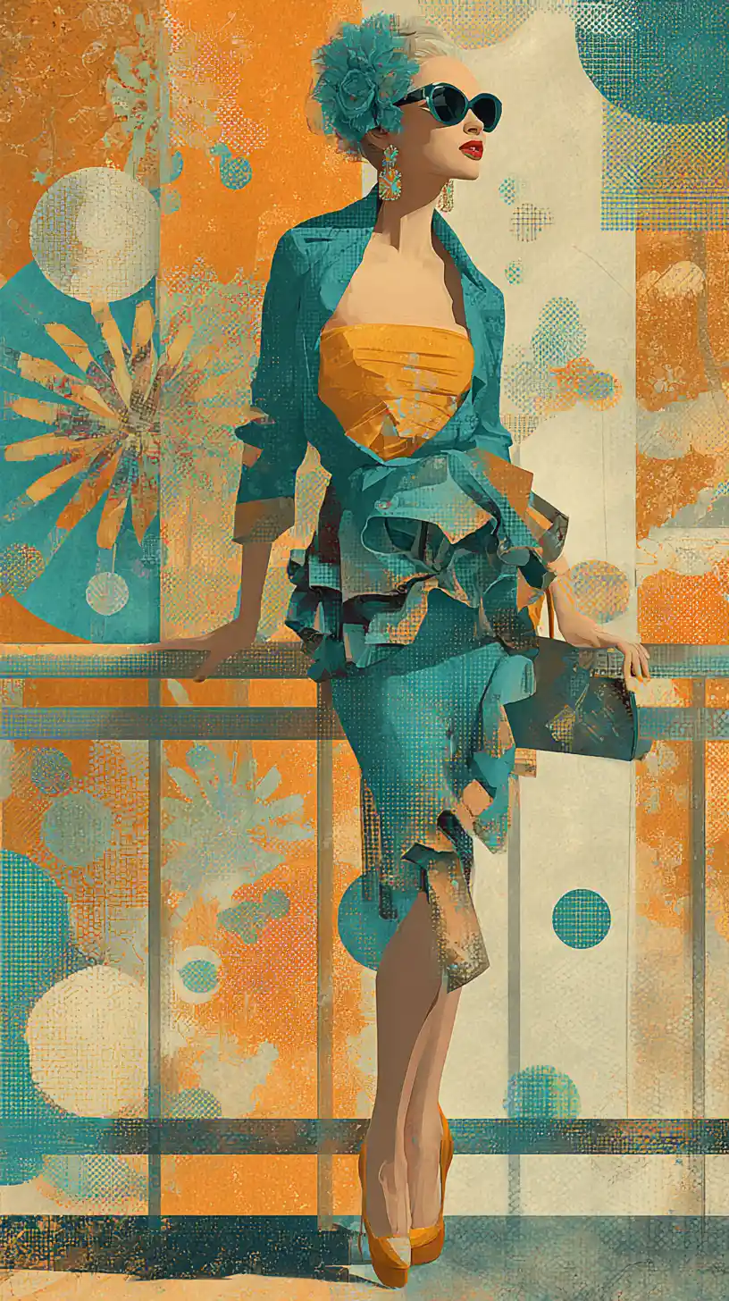Stylish woman on city veranda in teal and orange fashion
