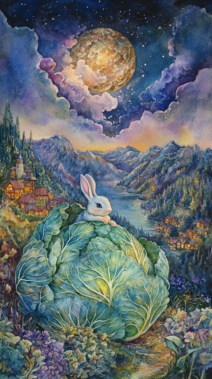Whimsical Rabbit Resting In A Giant Cabbage Landscape