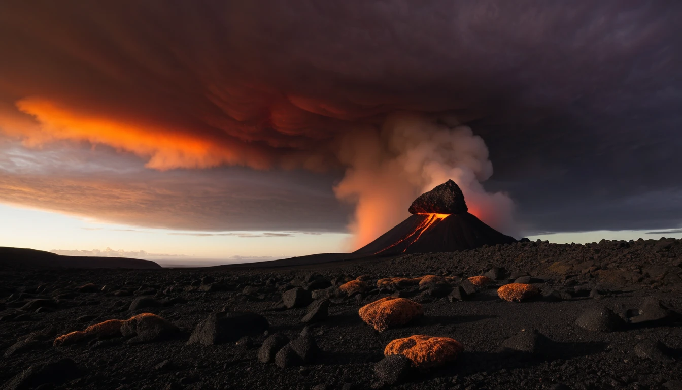 Funeral memorial on a remote volcanic plateau under purple sky