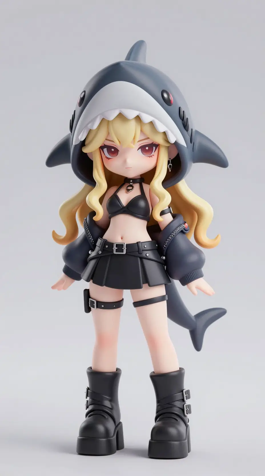 Chibi gothic girl figure with shark hood in 3D render