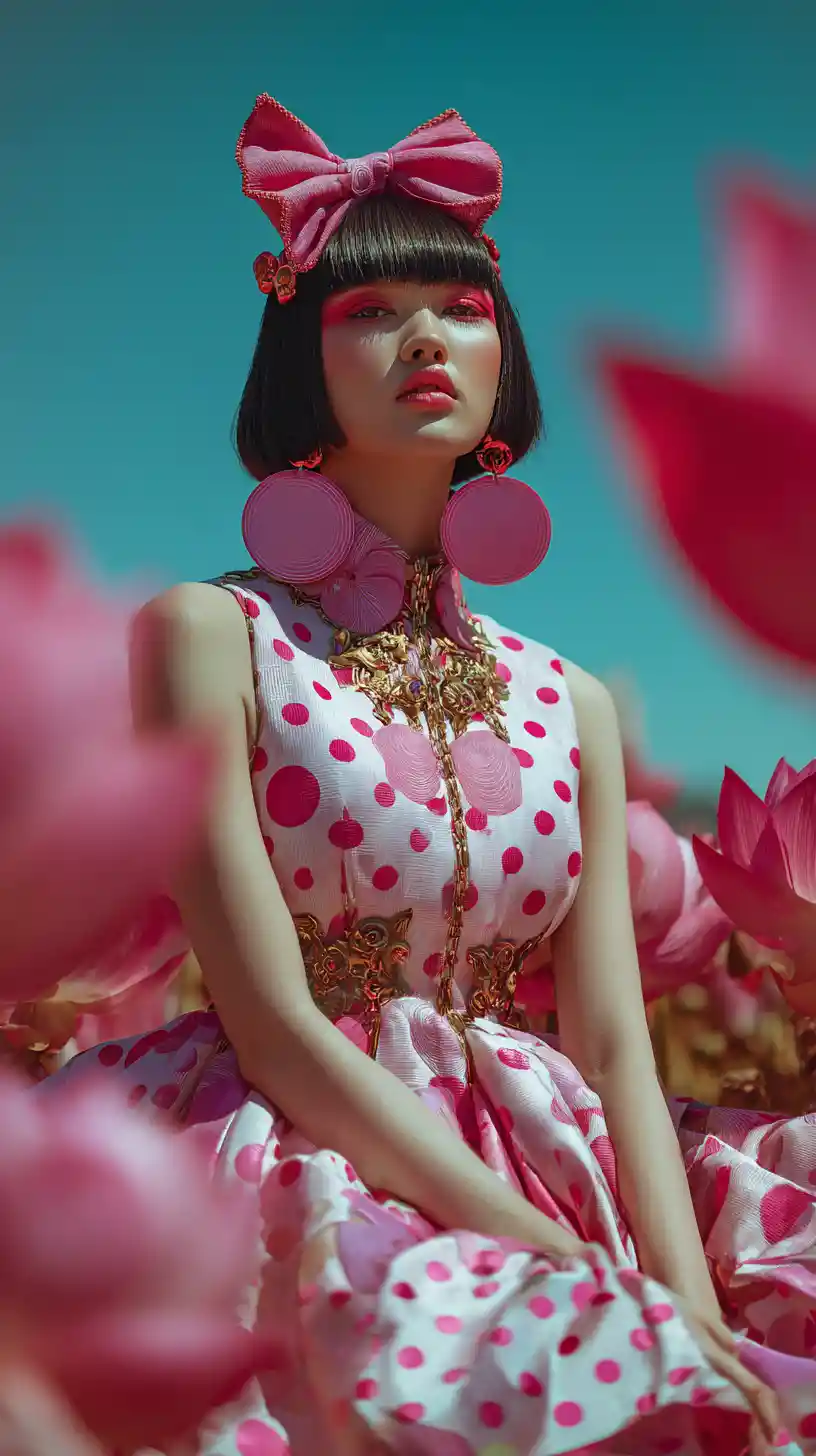 Surreal woman in lotus field with mechanical crown
