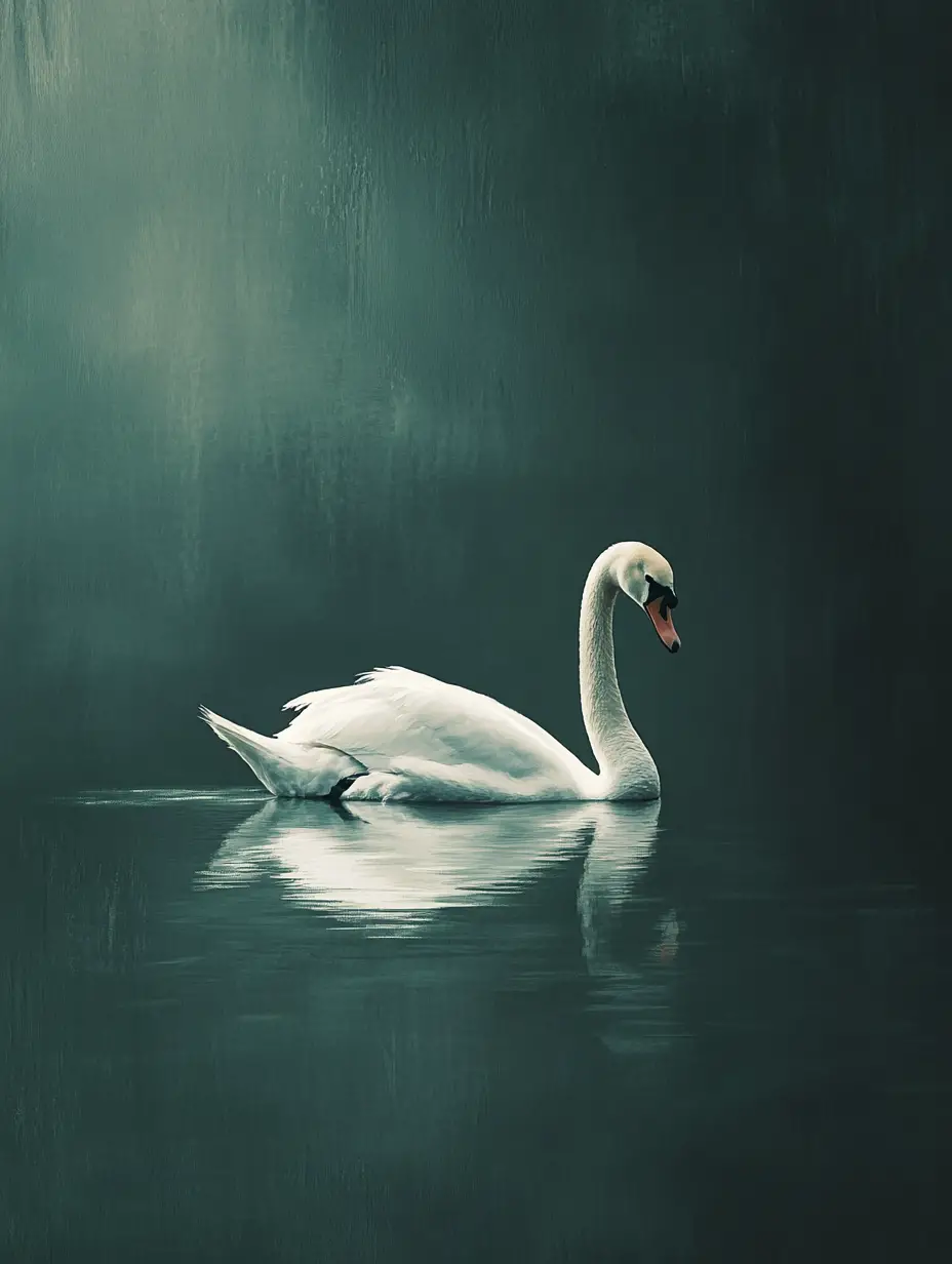 Surreal white swan gliding calmly across still water
