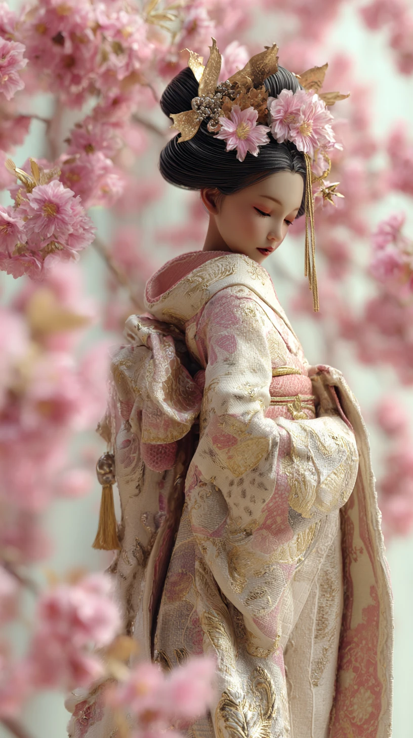 Elegante geisha con kimono y flores de cerezo