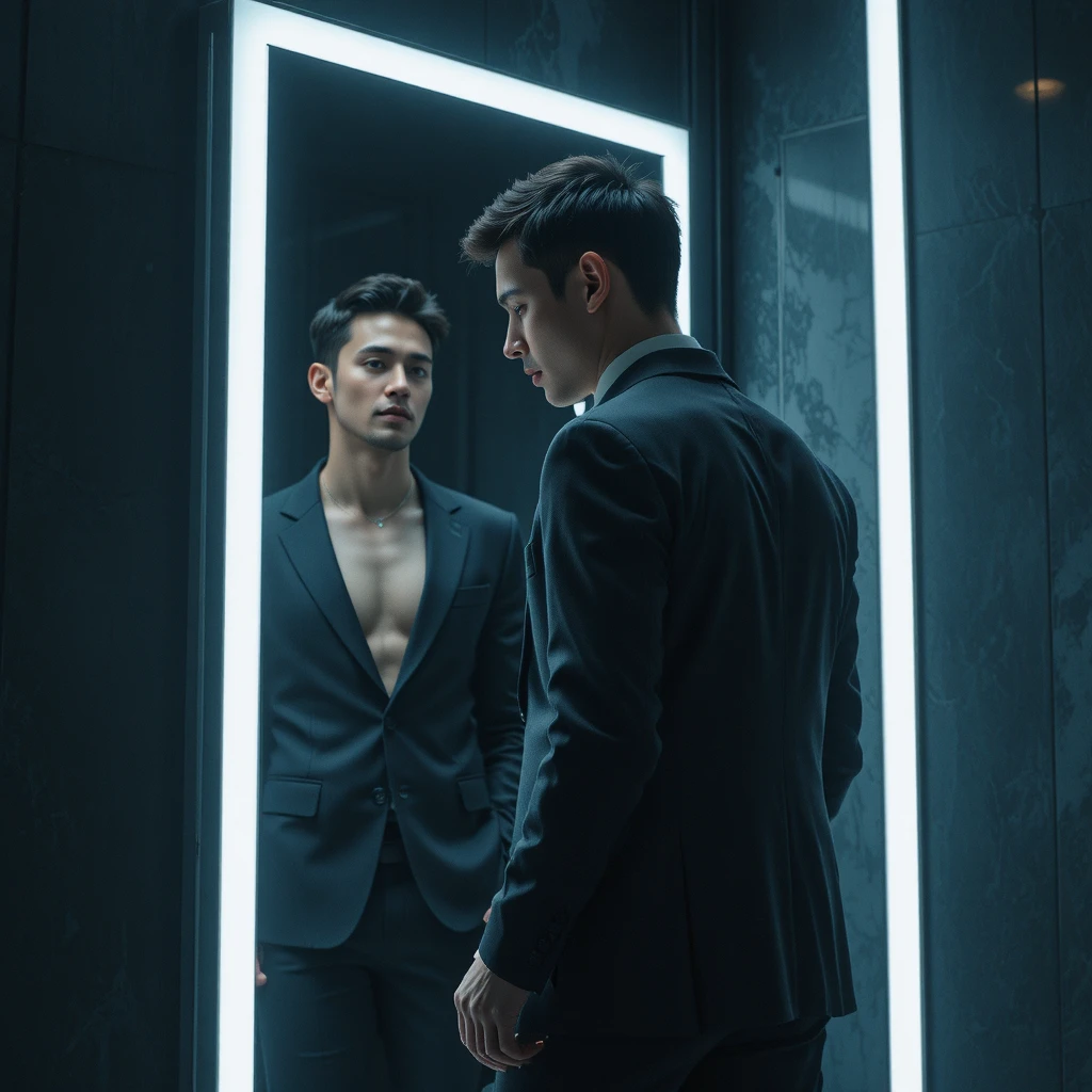 Confident man at mirror in cinematic led lit portrait