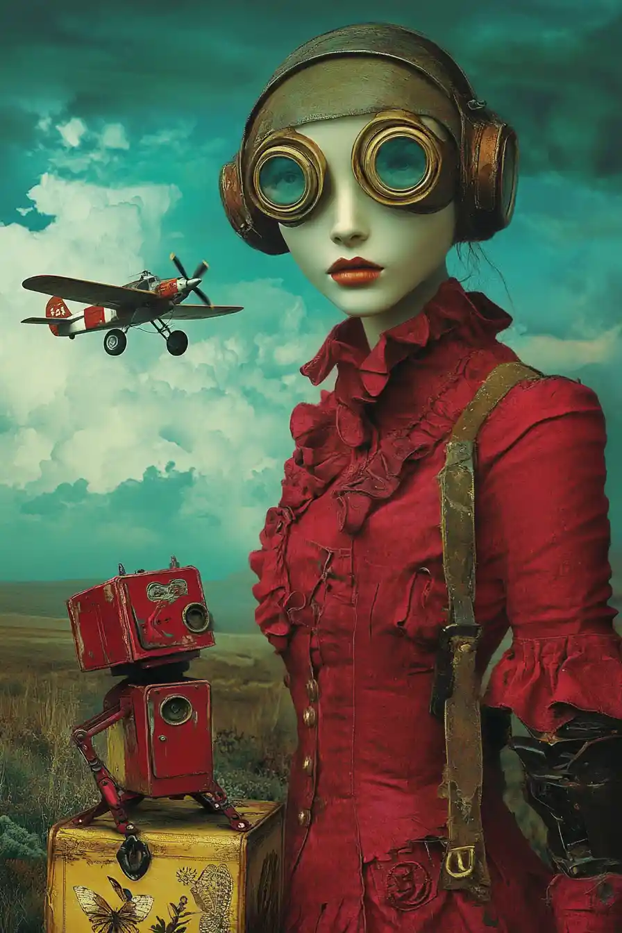 Surreal steampunk woman with robot under stormy teal sky